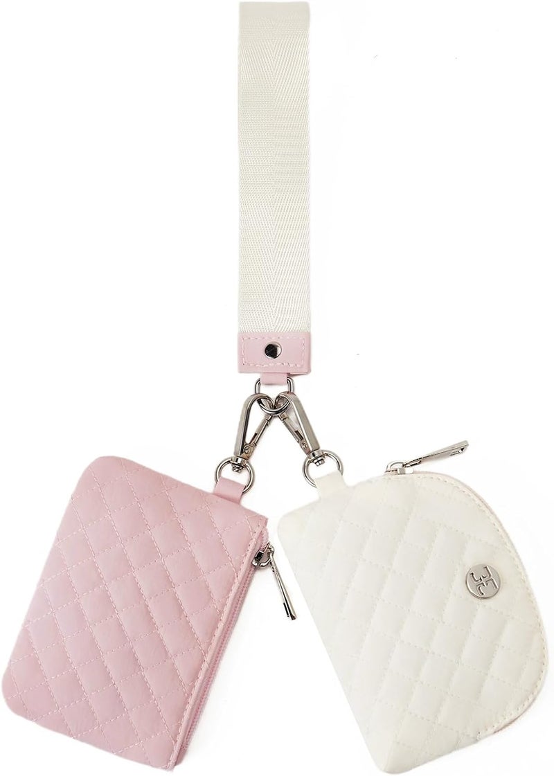 Telena Mini Zip Around Wristlet Wallets for Women Coin Purse Keychain Dual Pouch Wallet Beige Pink - Image 1